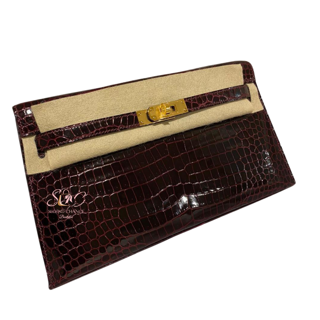 Hermes kelly elan crocodile porosus  Bordeaux colour gold hardware  Stamp W Full set and invoice