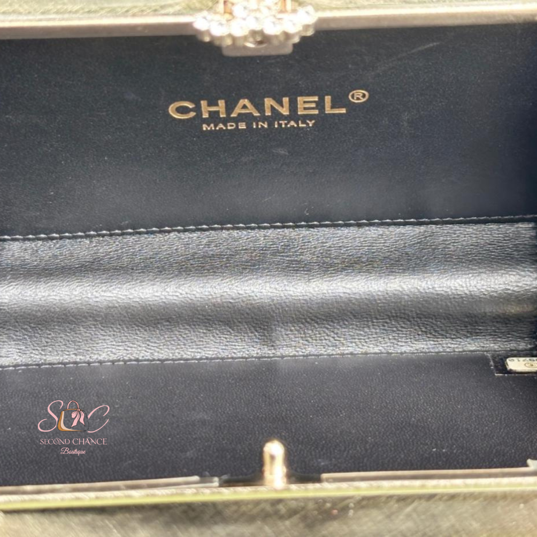 Chanel Metal - Black Velvet Trimmed  Metal Clutch Gold