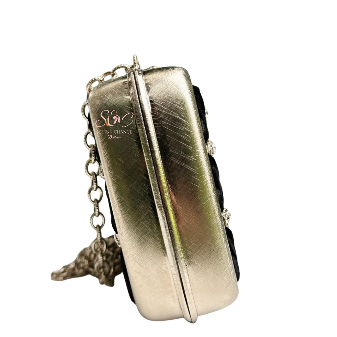 Chanel Metal - Black Velvet Trimmed  Metal Clutch Gold