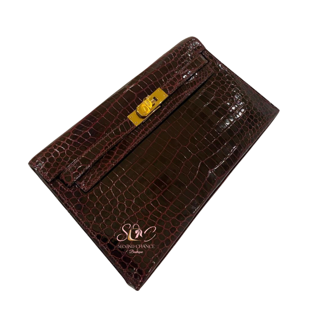 Hermes kelly elan crocodile porosus  Bordeaux colour gold hardware  Stamp W Full set and invoice
