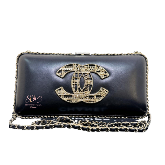 Chanel Black Lambskin Leather CC evening Chain Clutch Crossbody