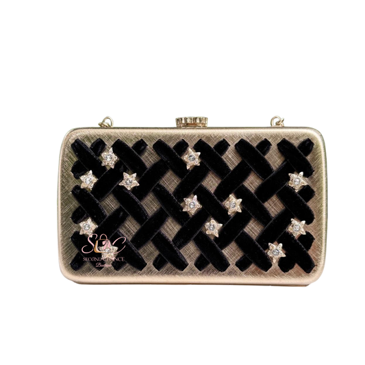 Chanel Metal - Black Velvet Trimmed  Metal Clutch Gold