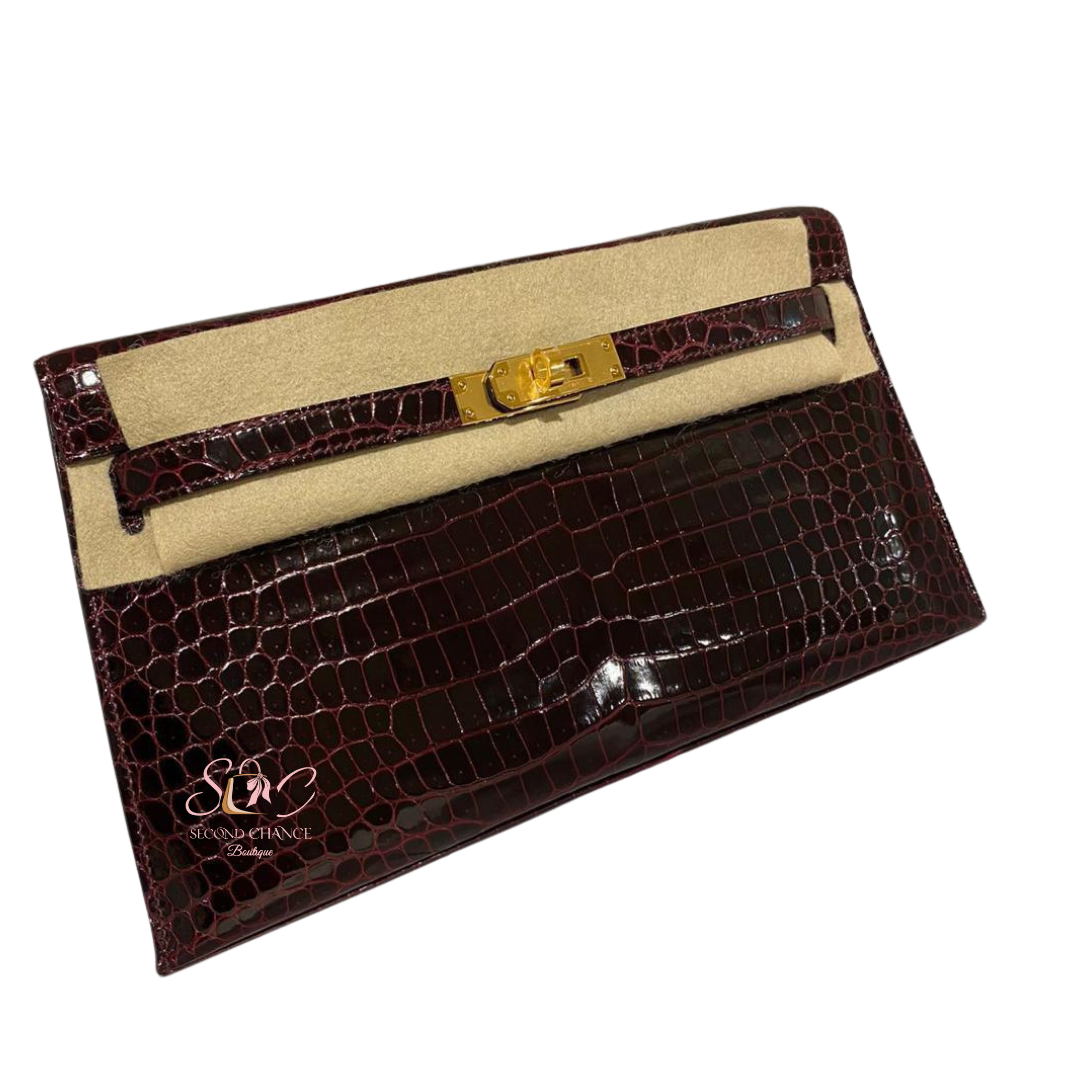 Hermes kelly elan crocodile porosus  Bordeaux colour gold hardware  Stamp W Full set and invoice