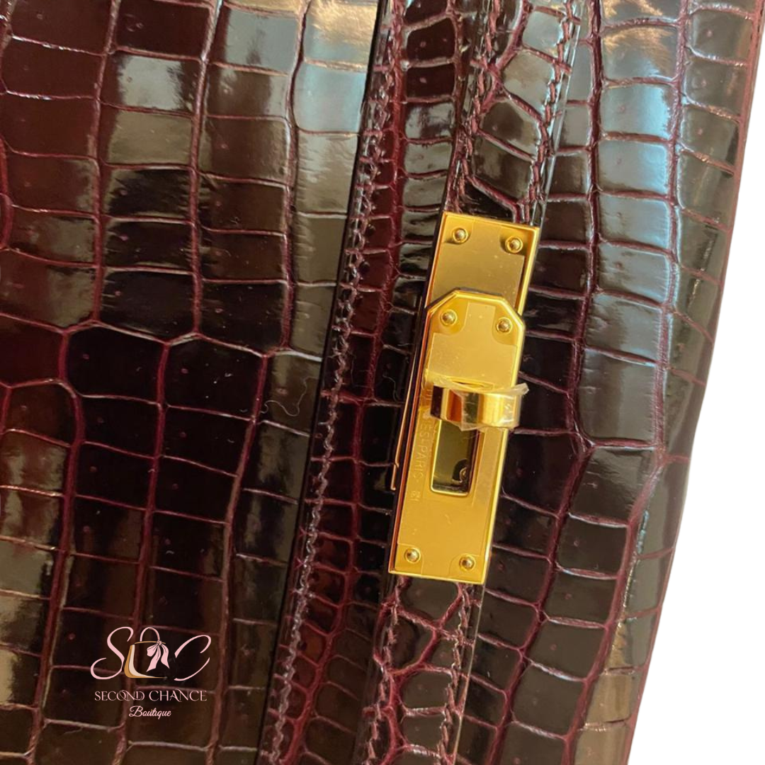 Hermes kelly elan crocodile porosus  Bordeaux colour gold hardware  Stamp W Full set and invoice