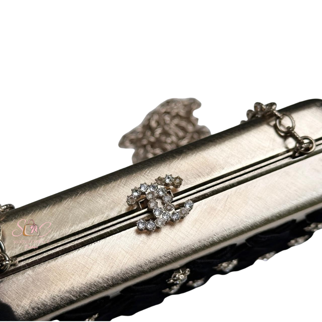 Chanel Metal - Black Velvet Trimmed  Metal Clutch Gold