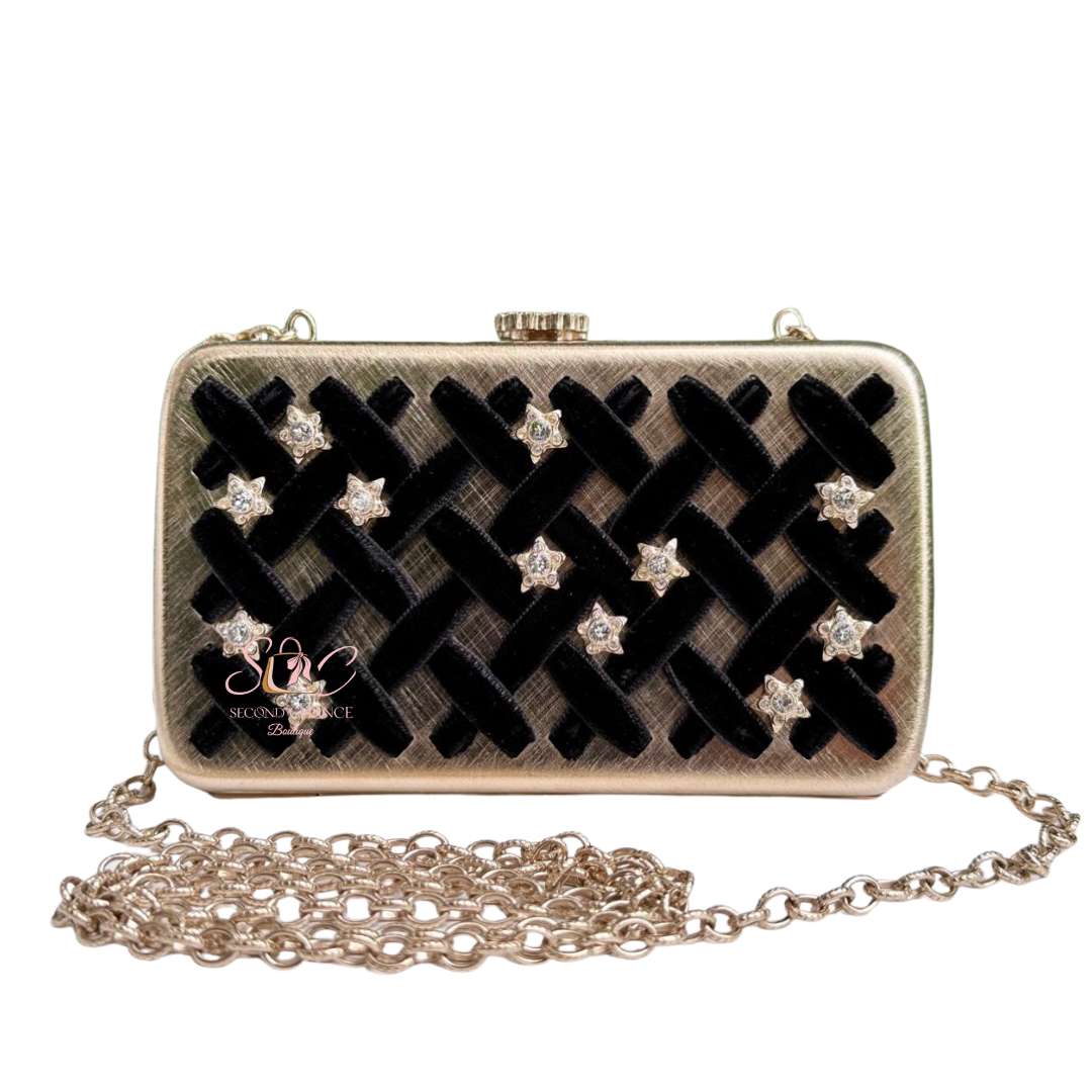 Chanel Metal - Black Velvet Trimmed  Metal Clutch Gold