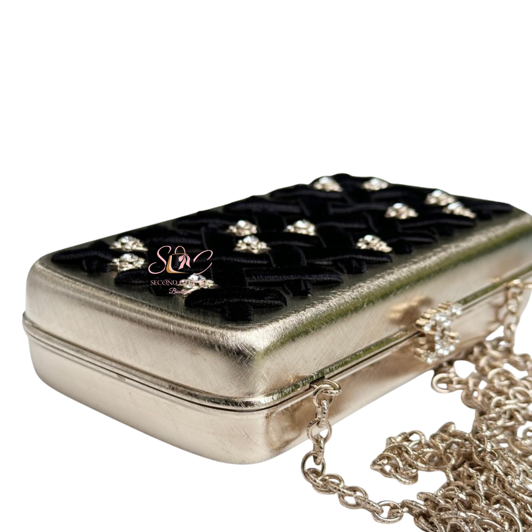 Chanel Metal - Black Velvet Trimmed  Metal Clutch Gold