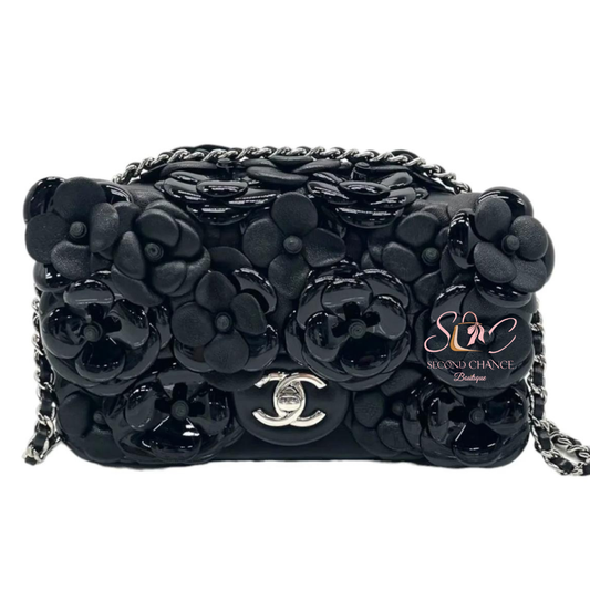 Chanel Mini Rectangular Camellia Flap Bag Black Lambskin and Patent Silver Hardware