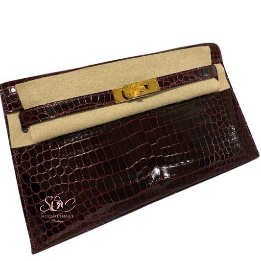 Hermes kelly elan crocodile porosus  Bordeaux colour gold hardware  Stamp W Full set and invoice