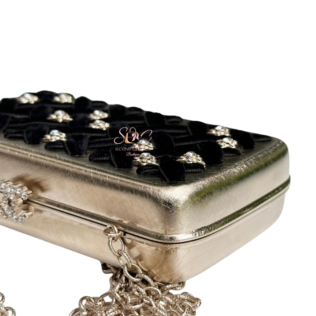 Chanel Metal - Black Velvet Trimmed  Metal Clutch Gold