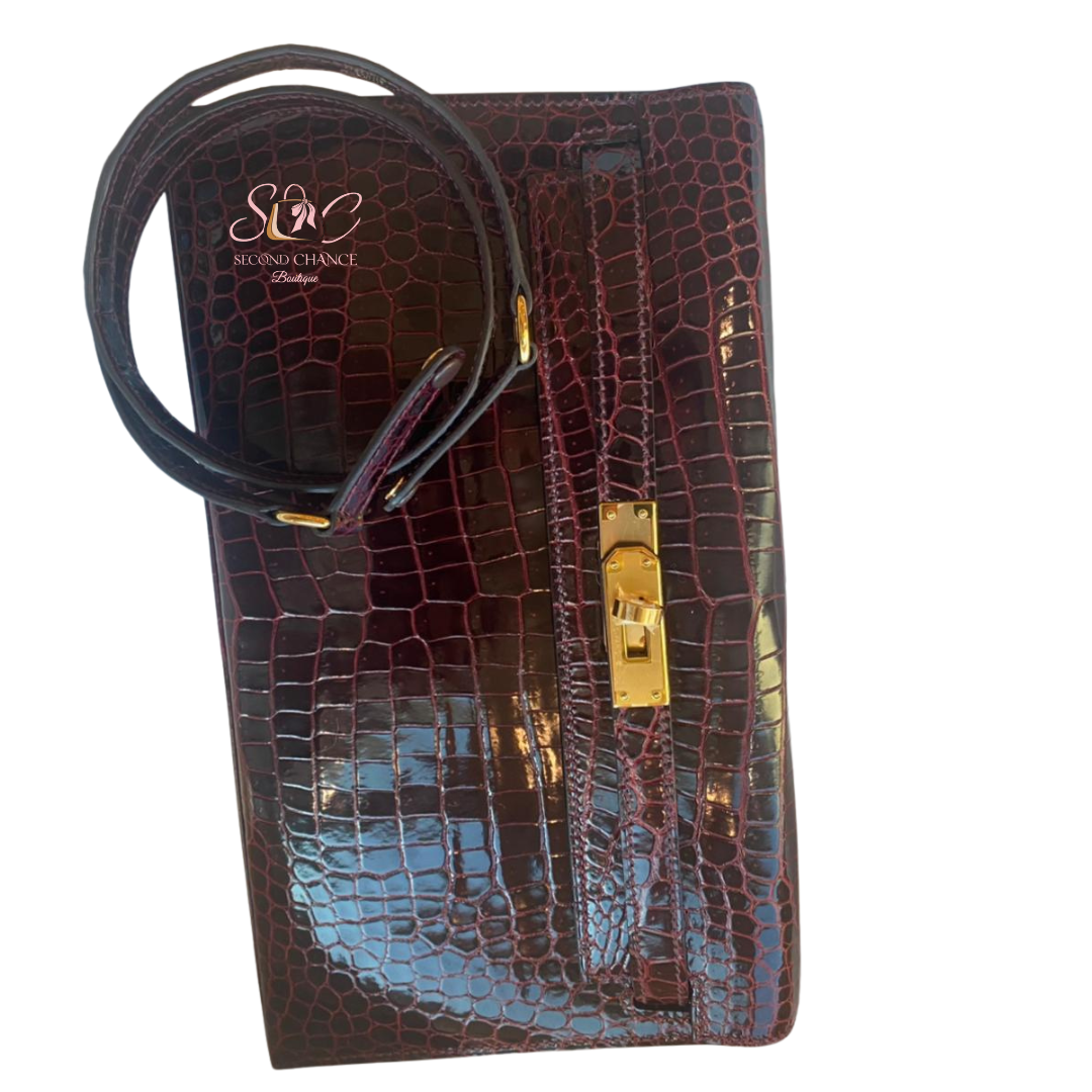 Hermes kelly elan crocodile porosus  Bordeaux colour gold hardware  Stamp W Full set and invoice