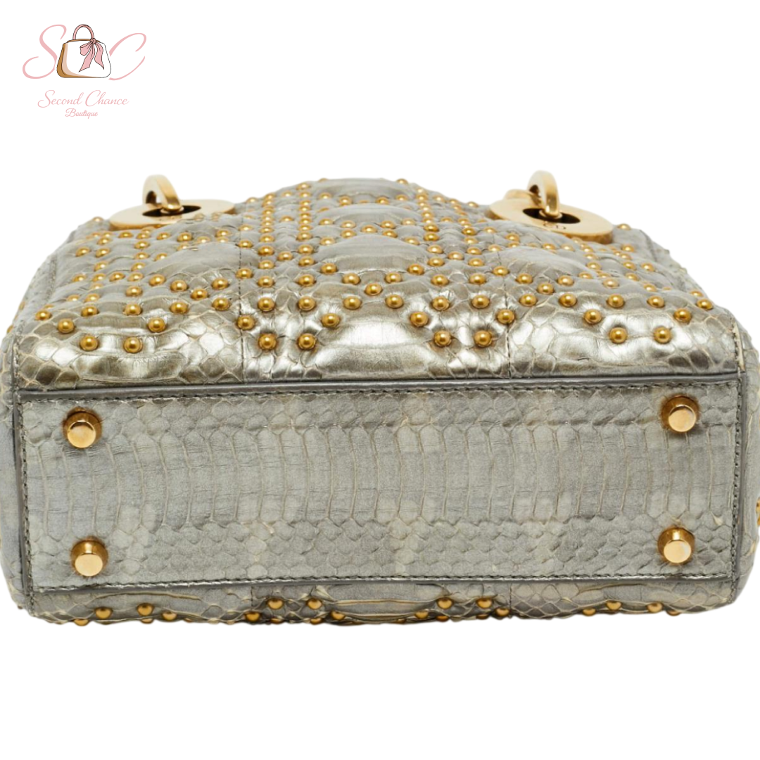 Dior metallic silver python studded mini lady dior