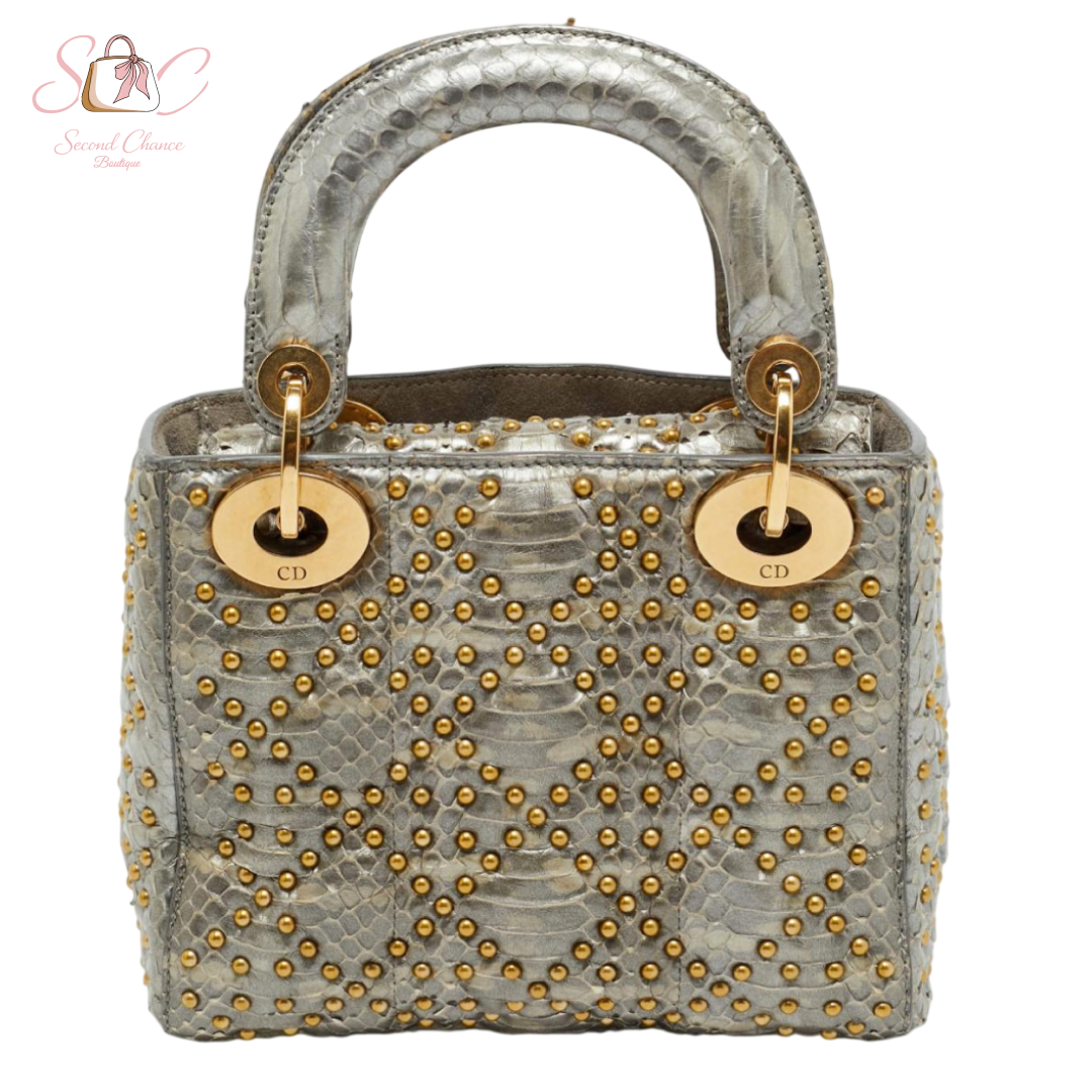 Dior metallic silver python studded mini lady dior