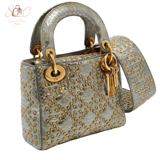 Dior metallic silver python studded mini lady dior