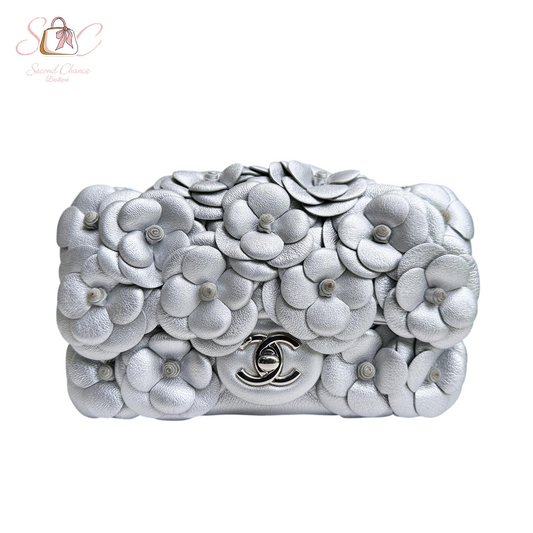 Chanel Mini Rectangular Camellia Lambskin Shiny Silver with silver hardware