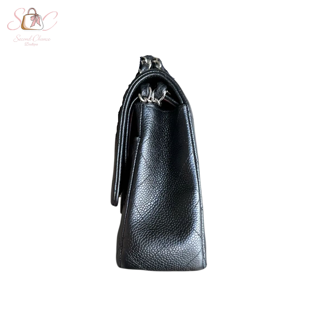 CHANEL CAVIAR MINI RECTANGLE CLASSIC FLAP - 20CM BLACK  SILVER HARDWARE New Full set
