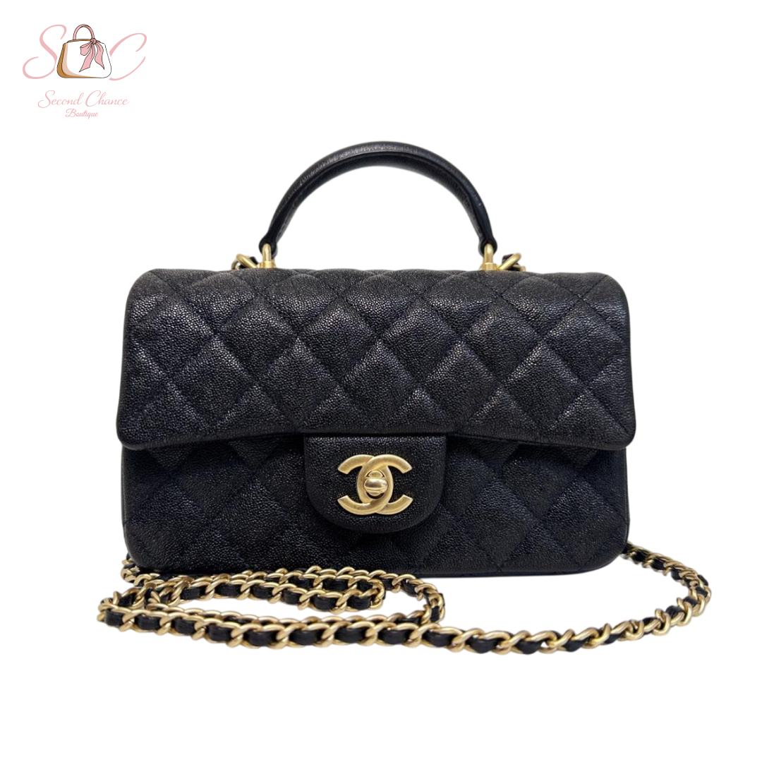 Chanel Mini Rectangular Top Handle Flap Bag Black Caviar Gold Hardware