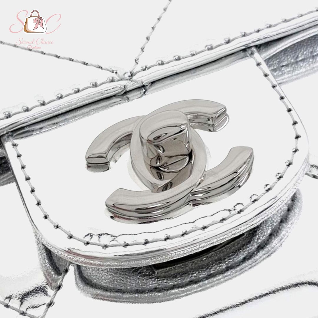 Chanel top handle silver clutch  New full set