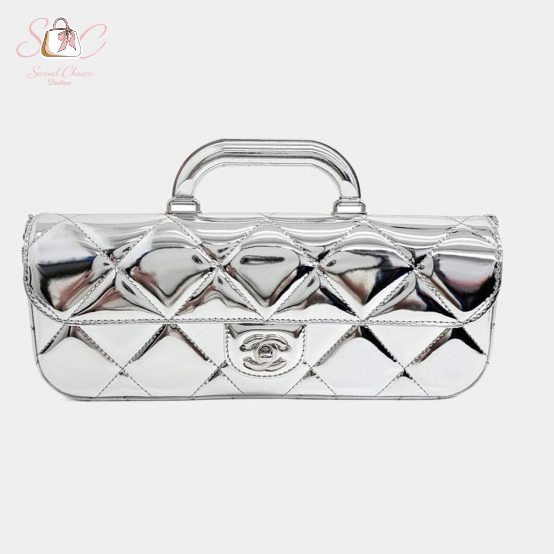 Chanel top handle silver clutch  New full set