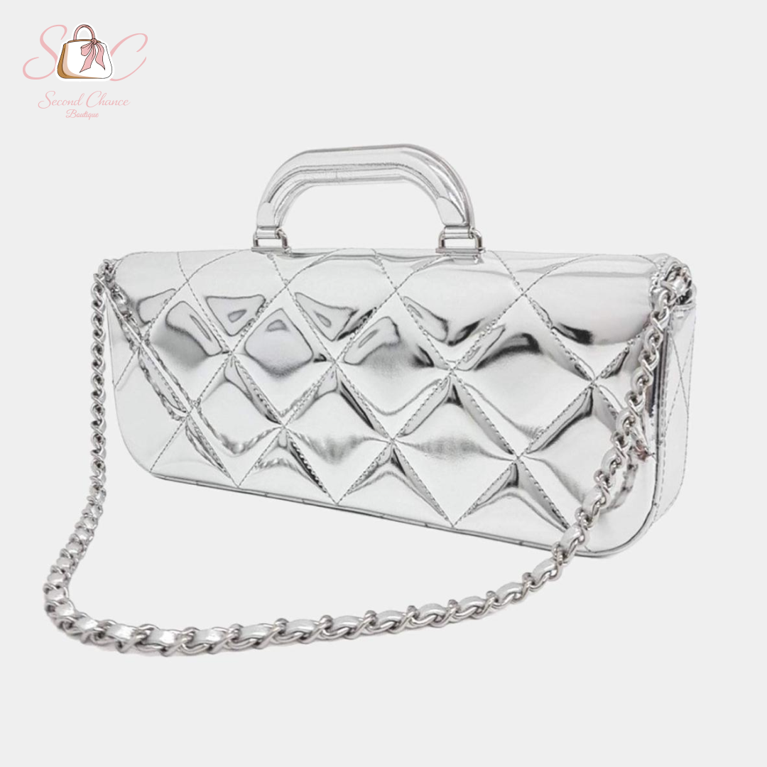 Chanel top handle silver clutch  New full set